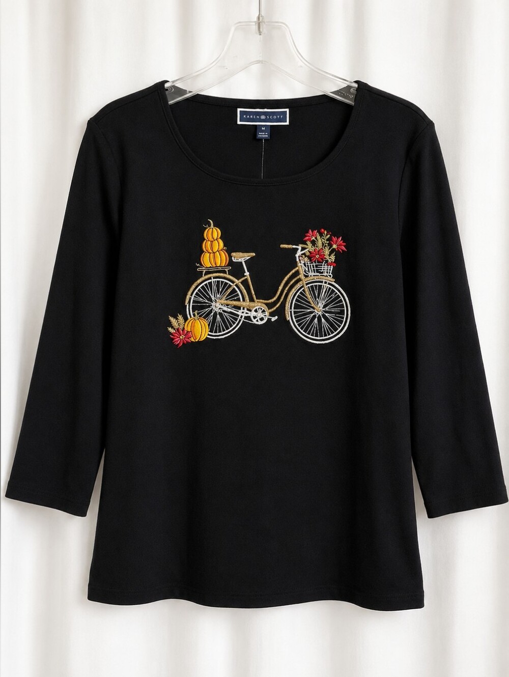 Karen Scott Autumn Harvest Bicycle Pumpkin Embellished Cotton Fall Knit Top